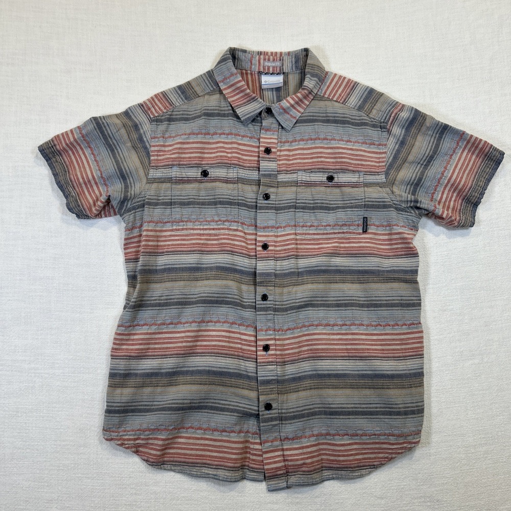 Columbia Shirt Men Pink Blue Striped Hemp Cotton Button Up Short Sleeve L Hiking